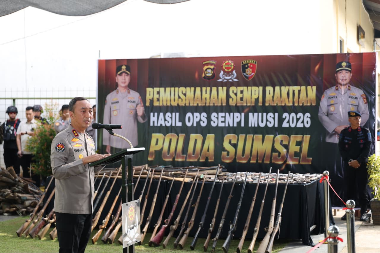 Ratusan Senjata Api Ilegal Hasil Ops Senpi Musi 2026 Dimusnahkan Polda Sumsel